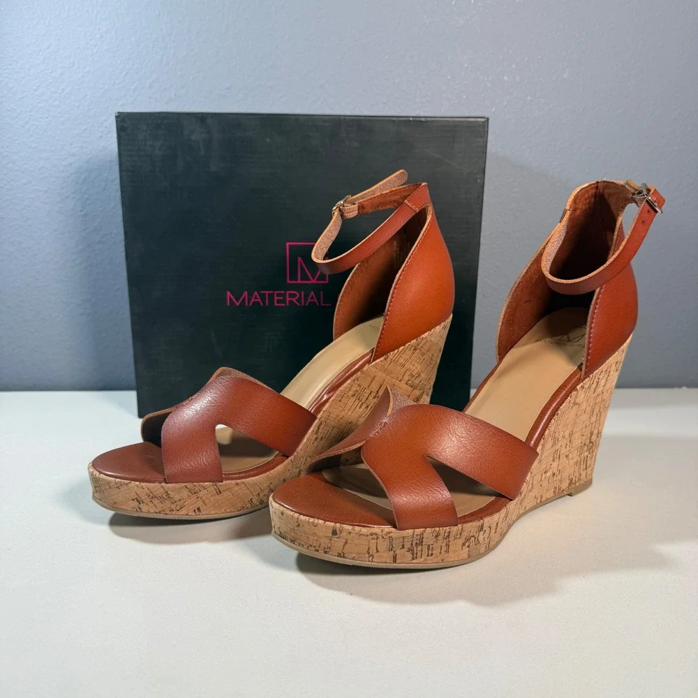 Material Girl Wedge Sandals Brown Cork Ankle Strap. Size 10.5